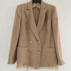 Maxmara Camel Color Fringed Hem Linen Jacket